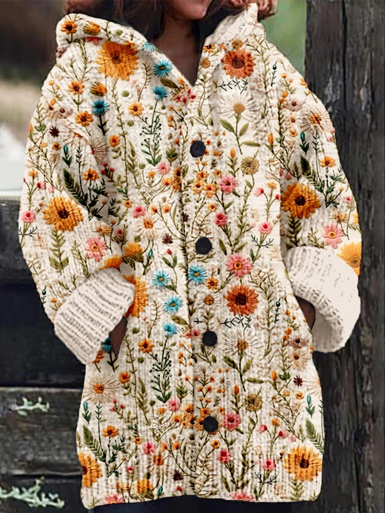 VChics Wildflower Embroidered Pattern Cozy Hooded Cardigan