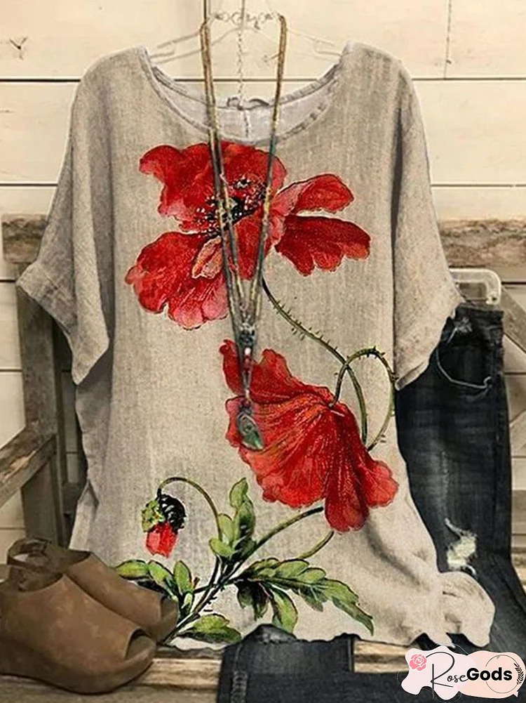 Floral Crew Neck Casual Tops