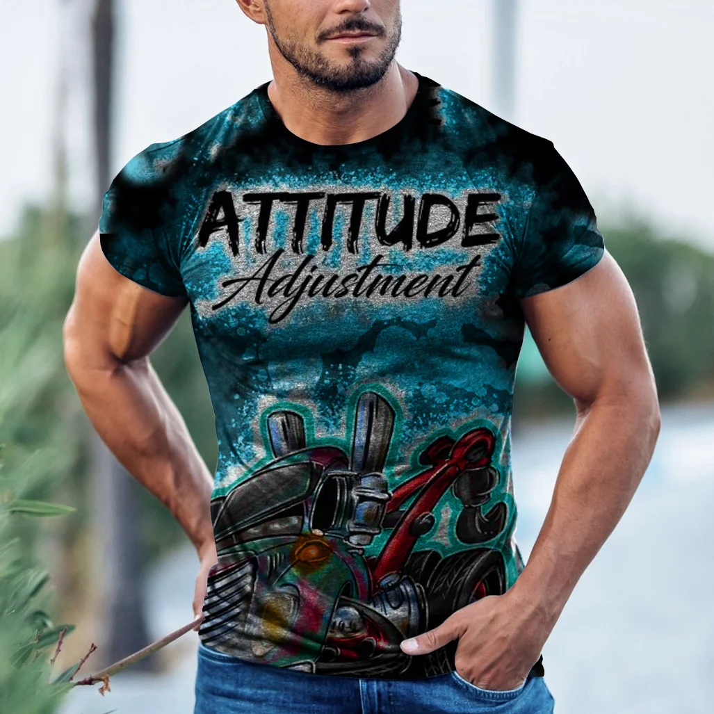 Men's T-Shirt with Pattern Round Neck and Short Sleeve Digital Printing and Slim Pullover