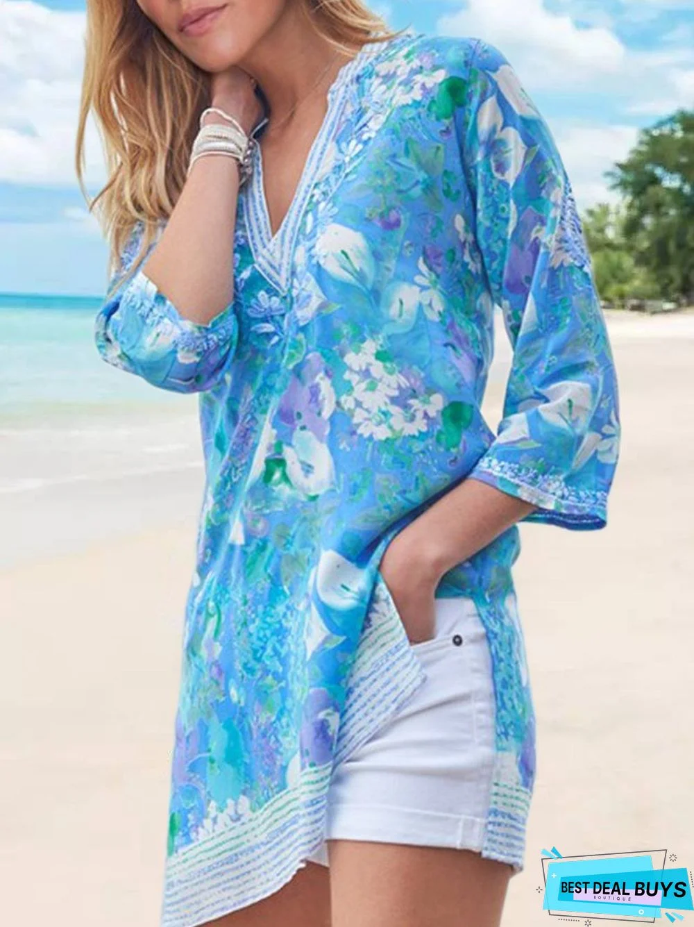 Floral-Print Half Sleeve V Neck Elegant Tunic T-Shirt