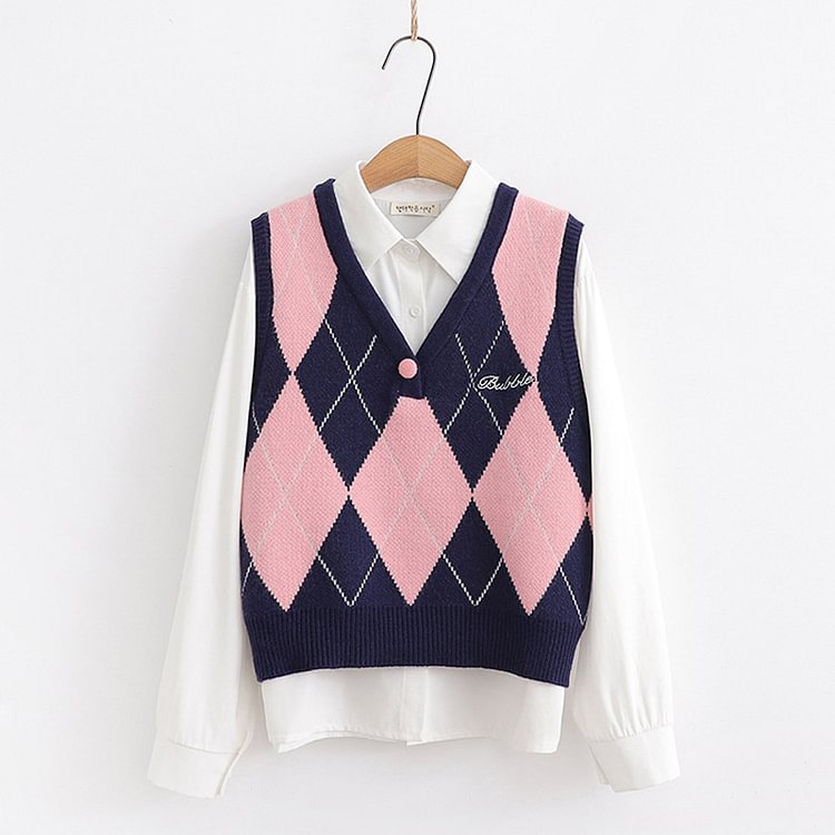 Color Block Knitted Vest Lapel Shirt Set - Modakawa Modakawa