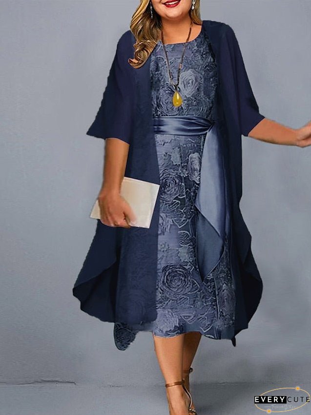 Women's Dress - Plus Size Casual Dress Dress Set Two Piece Dress Floral Midi Dress 3/4 Length Sleeve Crew Neck Fashion Daily Pink Wine Summer Spring L XL XXL 3XL 4XL