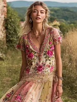 Boho Ethnic Floral Sequin Embroidery Women's Linen V-neck Maxi Dress
