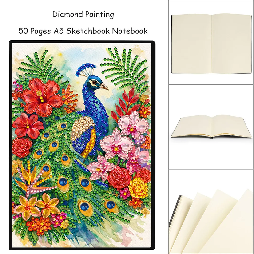 DIY Flower Diamond Painting Journals Notebooks 50 Pages A5 No Lines Special Shaped Diamond Art Kits for Beginners Craft Lovers and Artists (Peacock and Flowers)