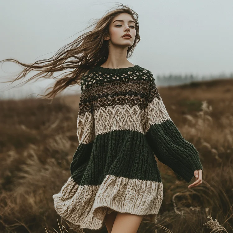 Women's Celtic Jacquard Contrast Sweater Dress