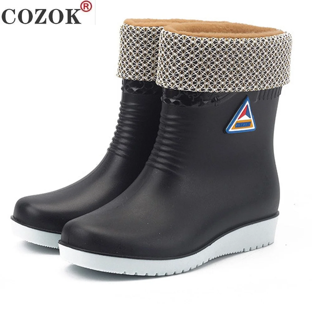 Flats Non Slip Rain Boots Women Warm Mid Tube Round Toe Snow Boots Outdoor Water Shoes  Waterproof  Rain Boots