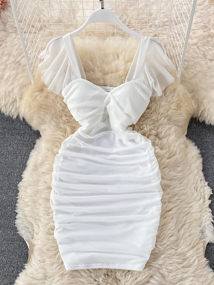 Blue/Khaki/White Sexy Draped Bodycon Dress Women Elegant Square Collar Short Sleeve High Waist Mini Vestidos Party Robe New