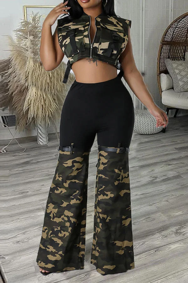 Patchwork Camouflage Modern Bell Bottoms Pants