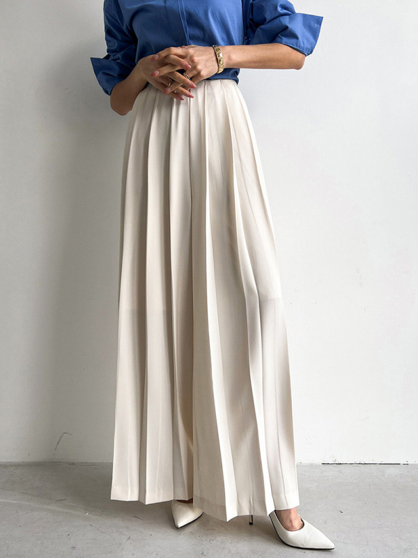 Pleated Design Side Pocket Wide Leg Solid Color High Waist Pants