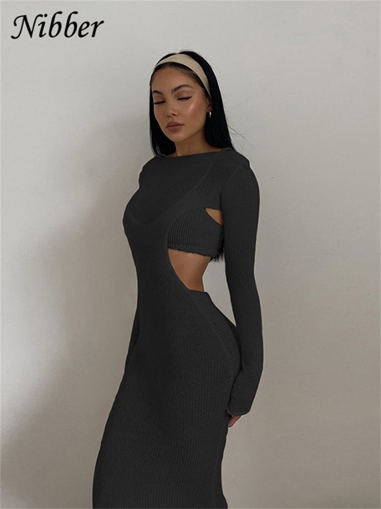 Sexy See Through Solid Knit 2 Two Piece Set Women Short Camisole And Hollow Out Maxi Dress Autumn New Matching Suit - Life is Beautiful for You - SheChoic