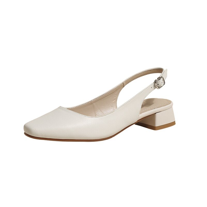 Meotina Genuine Leather Women Slingbacks Shoes Buckle Thick Heels Pumps Square Toe Med Heel Ladies Footwear 2022 Spring Beige 43