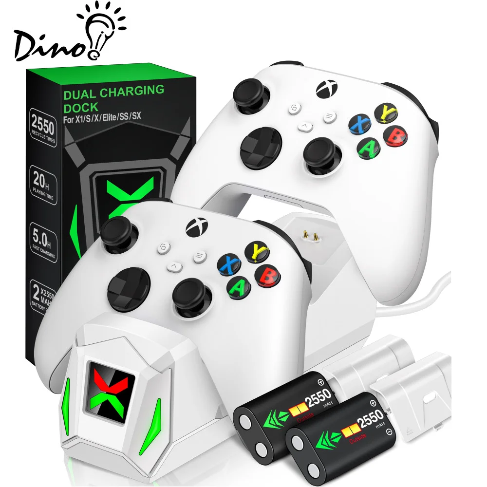 DinoFire Xbox Controller Charger with Dual Charging Station Dock with 2x2550mAh Rechargeable Battery Packs for Xbox One/Series X|S Accessories-White