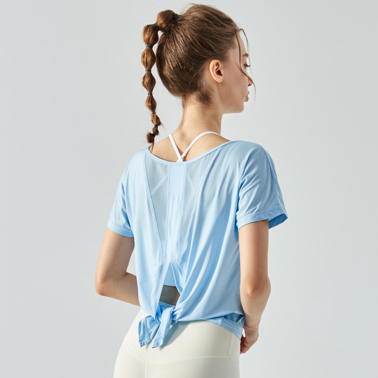 Shop mesh back split buttery soft naked feel cool running fitness tops for women online on Hergymclothing Sky Blue