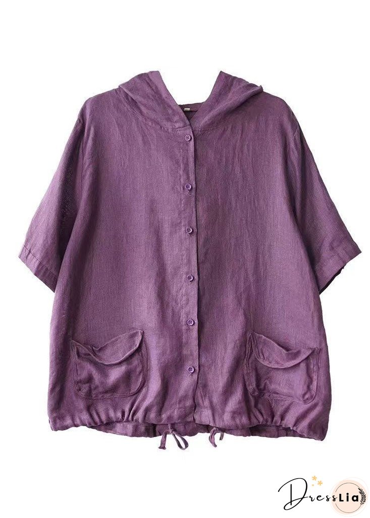 Vintage Coffee Hooded Pockets Cinched Button Patchwork Linen Coats Summer