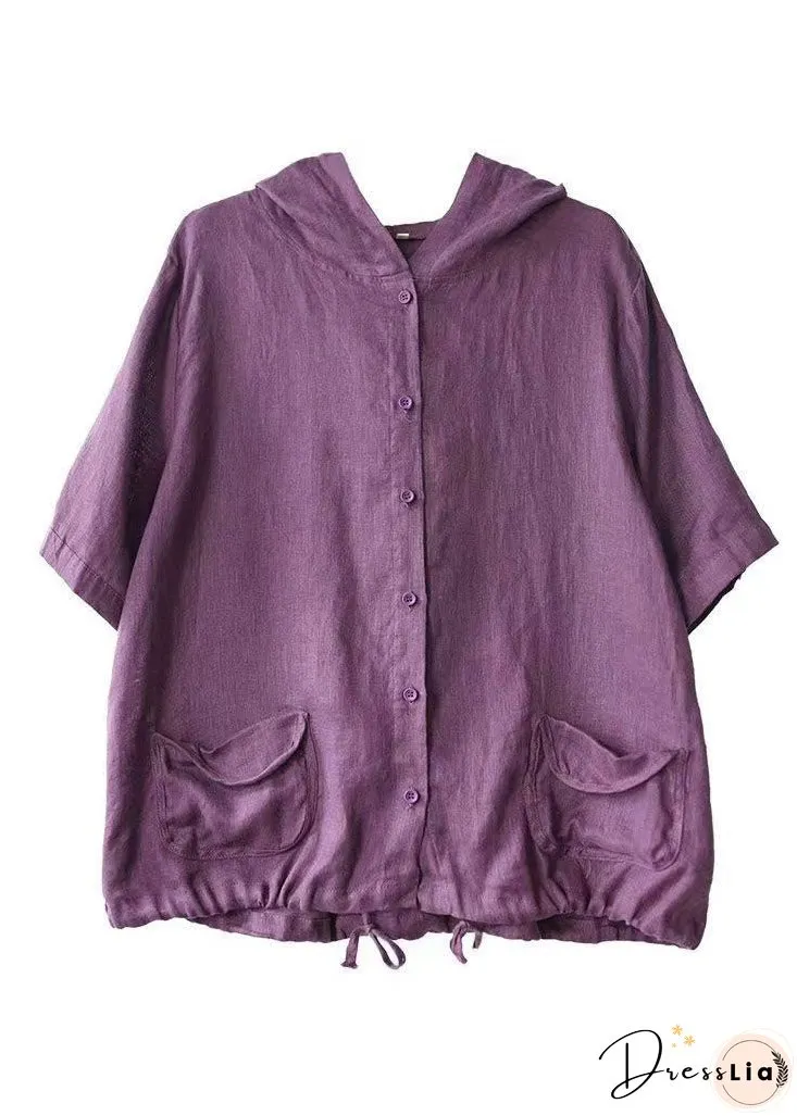 Vintage Coffee Hooded Pockets Cinched Button Patchwork Linen Coats Summer