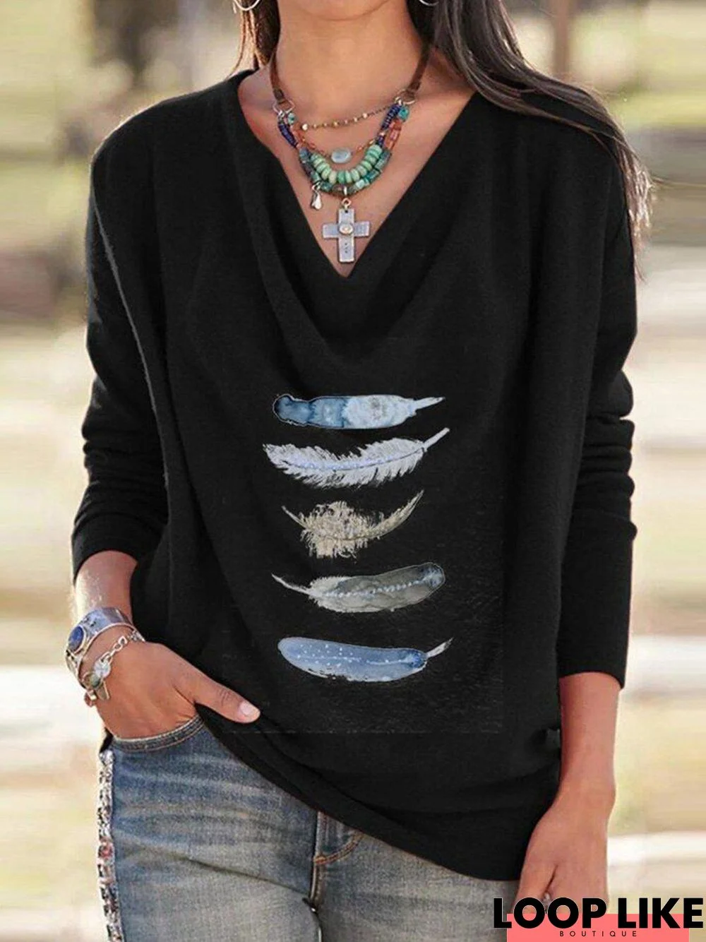 Black Feather Printed Long Sleeve Cowl Neck Shift Tops