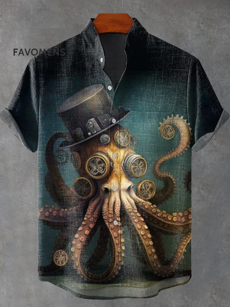 Retro Mechanical Gentleman Octopus Print Casual 100% Cotton Shirt Multicolor / S