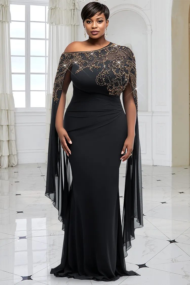 Xpluswear Design Plus Size Formal Black Asymmetrical Collar Cape Sleeve Drilling See Through Maxi Dresses [Pre-Order] 2024 - Xpluswear