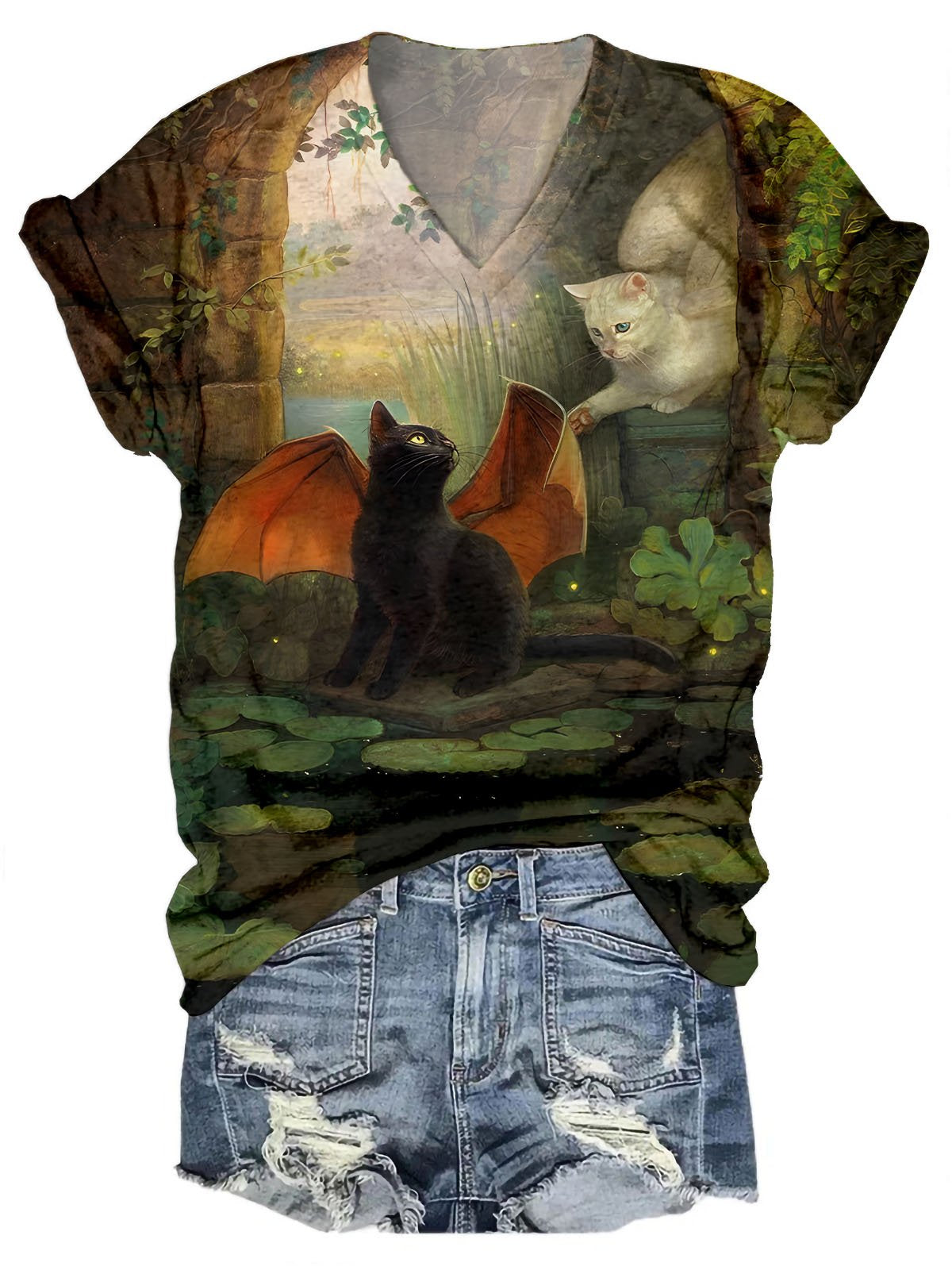 Women´s Halloween Black Cat Casual Print T-shirt