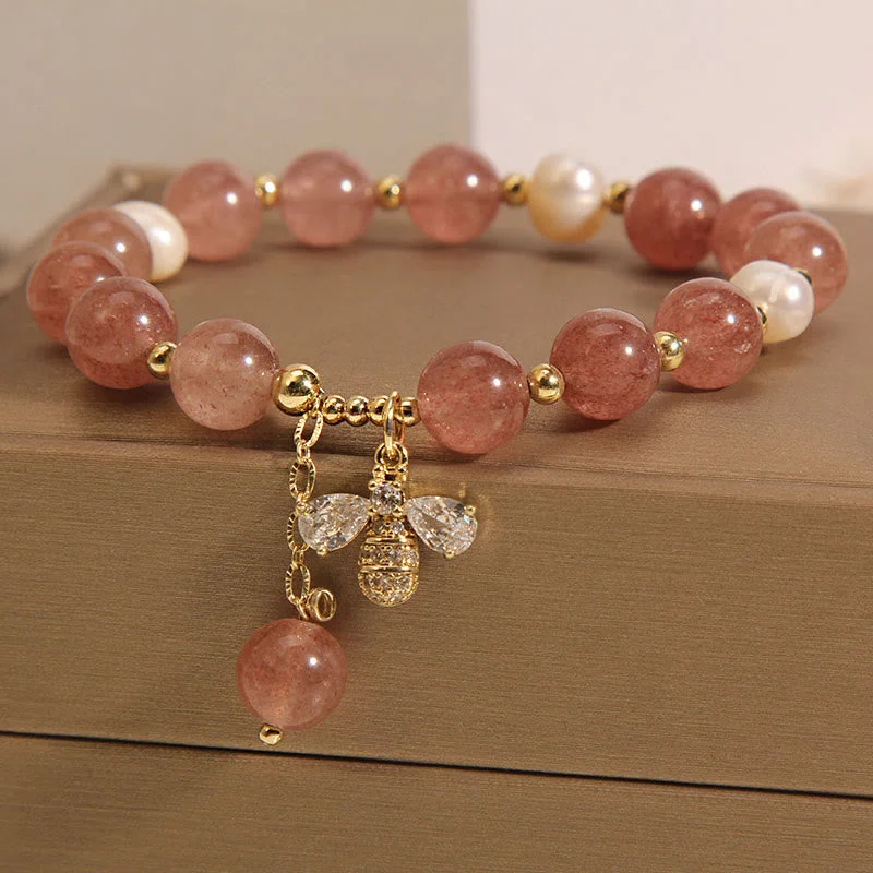 Strawberry Quartz Pearl Cute Zircon Honeybee Positive Charm Bracelet
