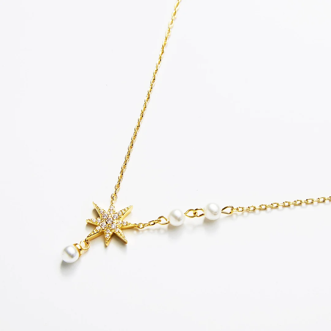 Union of Pearl and Star Asymmetric 14K Gold Necklace