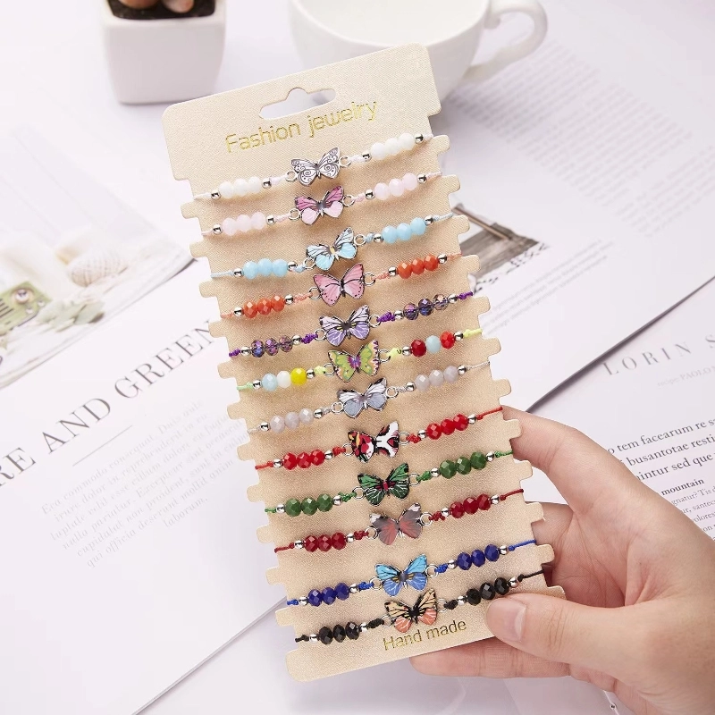 Amazon Hot Sale Multicolor Alloy Butterfly Crystal Beaded Bracelet Fashion Women Temperament Woven Bracelet Set