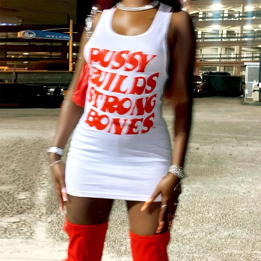 ANJAMANOR Letter Print White Rib Tank Dresses Street Fashion Sexy Summer Clothes for Women Sleeveless Bodycon Mini Dress D82BA18