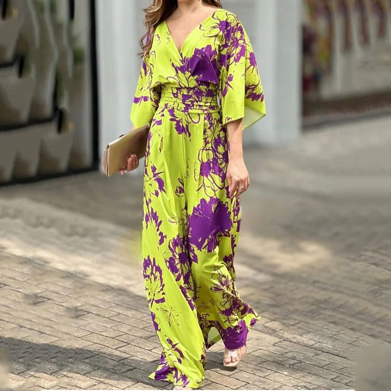 Brownm Brownm 2024 New Women's Ins Fashion Elegant Print Bat Sleeve Waist V Neck Women's Jumpsuit