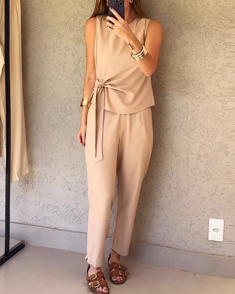 Sleeveless solid color lace-up two-piece suit