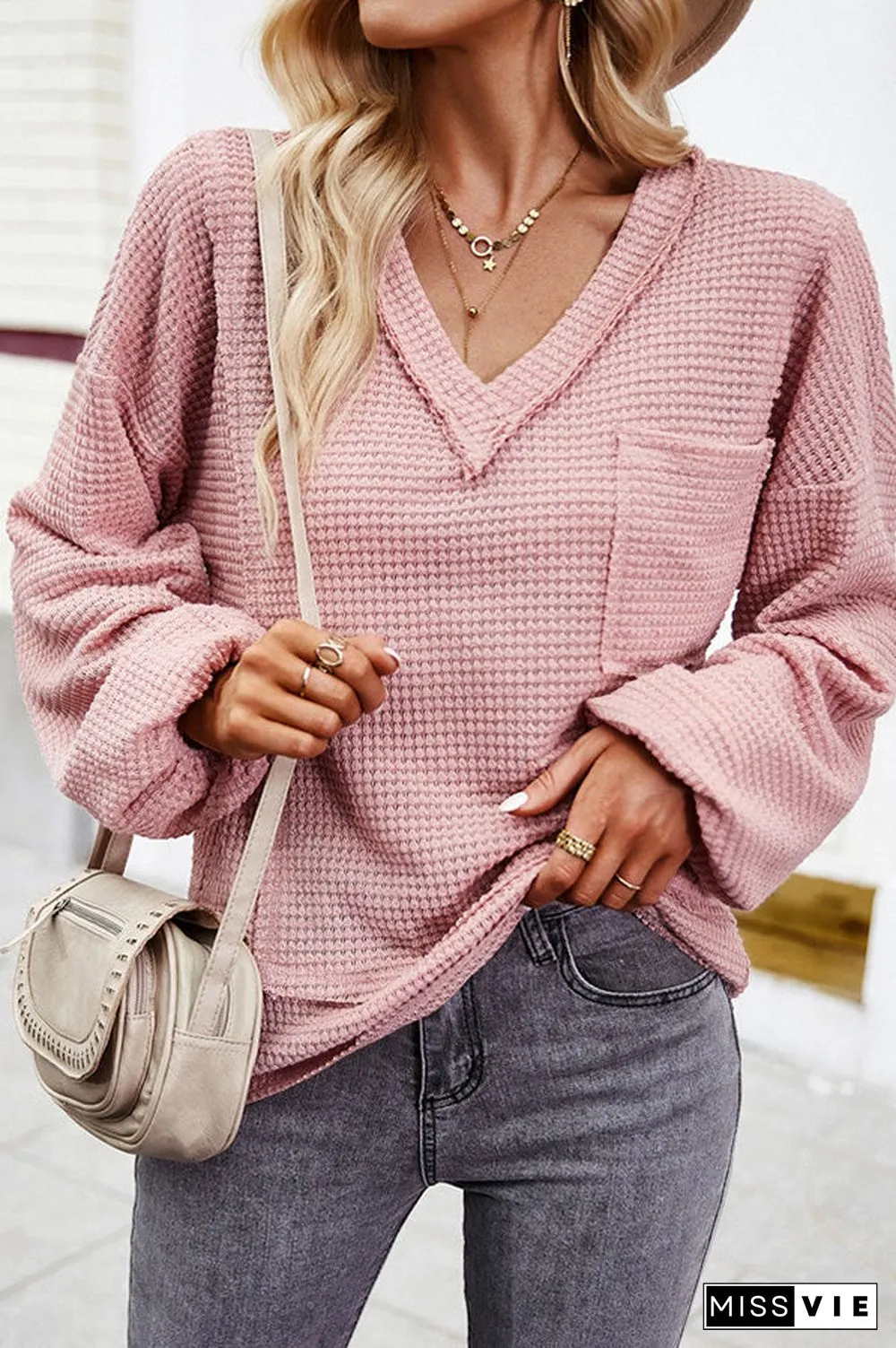 Solid Color Loose Style V Neck Tops