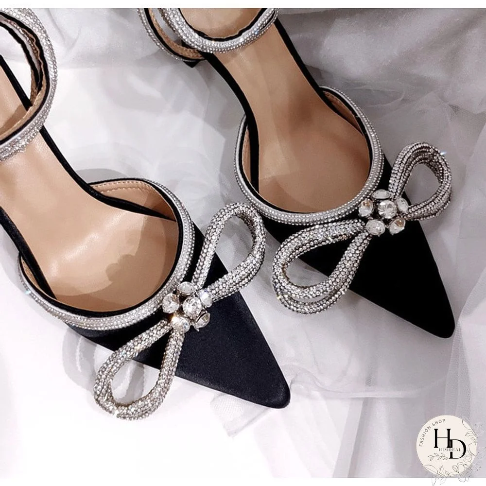 Hot Glitter Rhinestones Women Pumps Crystal Bowknot Satin Summer Lady Shoes Genuine Leather High Heels Party Prom Shoes