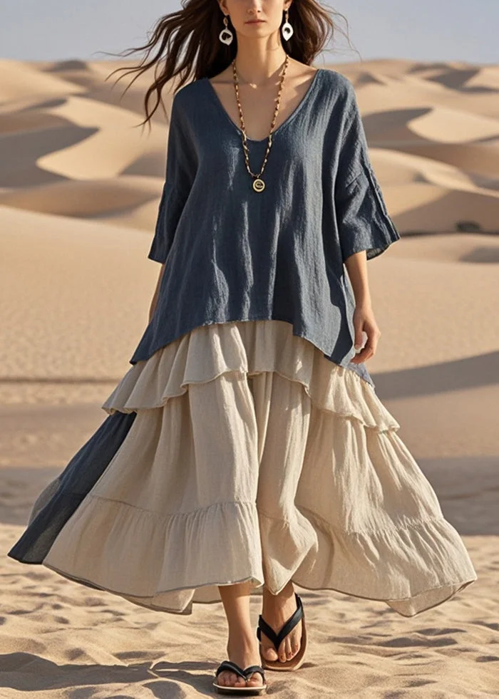 Vintage Navy Oversized Exra Large Hem Cotton Fake Two Piece Dress Summer