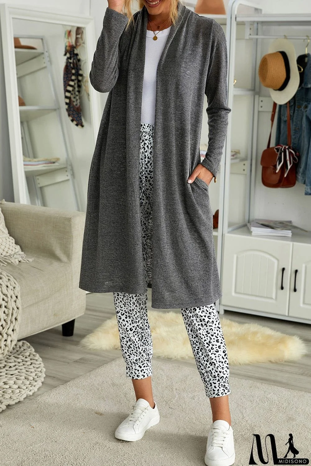 MidiSono - Slouchy Pocketed Knit Longline Cardigan