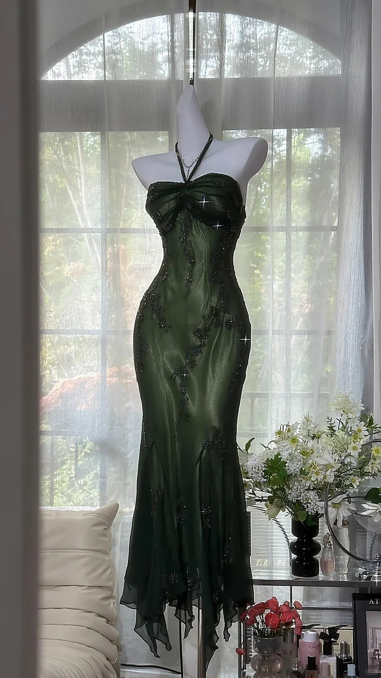 Dark green long exquisite beaded vintage long suspender chiffon prom dress 