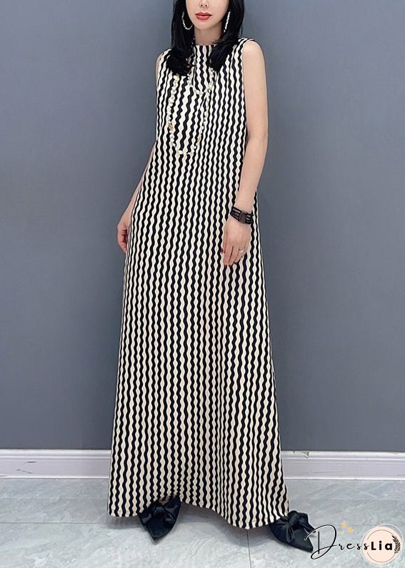 Slim Fit Stand Collar Striped Tie Waist Maxi Dress Summer