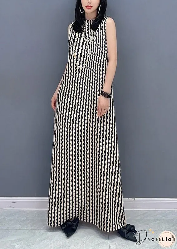 Slim Fit Stand Collar Striped Tie Waist Maxi Dress Summer