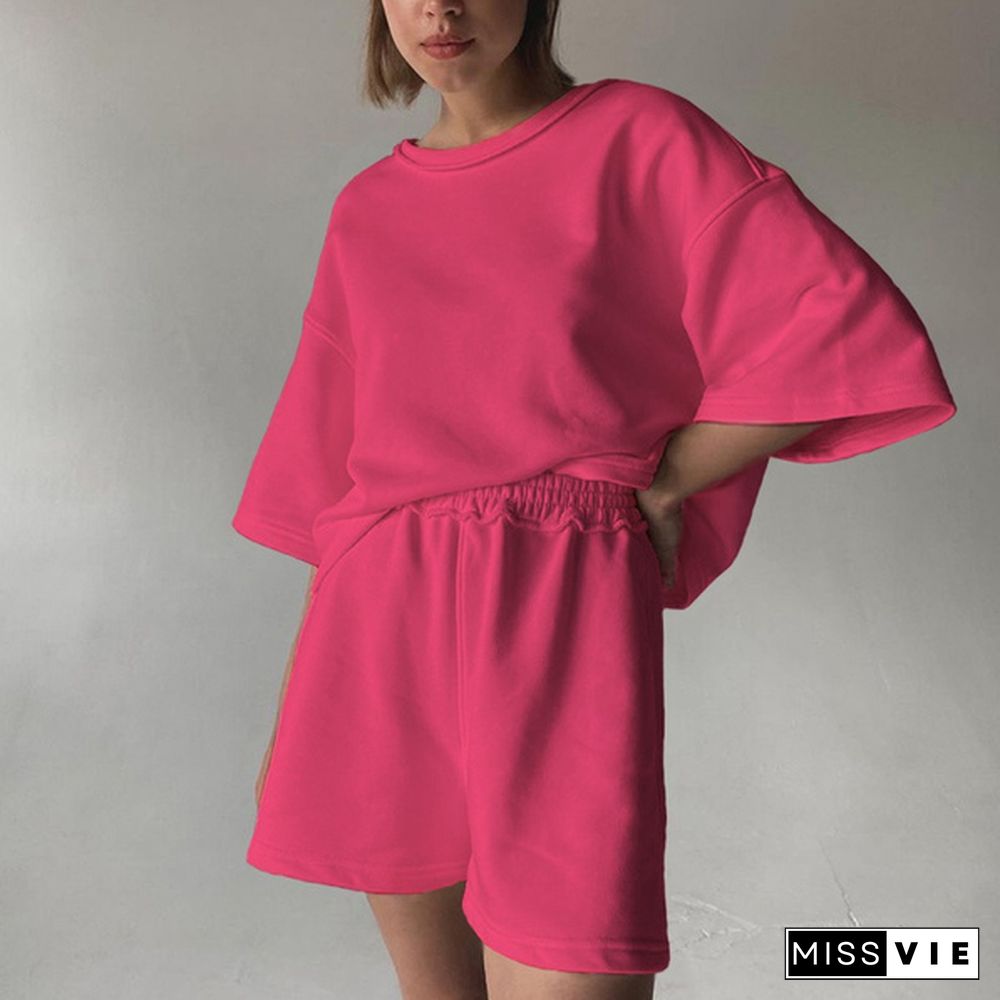 Summer Cotton Sets Women Casual Two Pieces T Shirts and Elastic Waist Shorts Pants Loose Soft Tracksuit