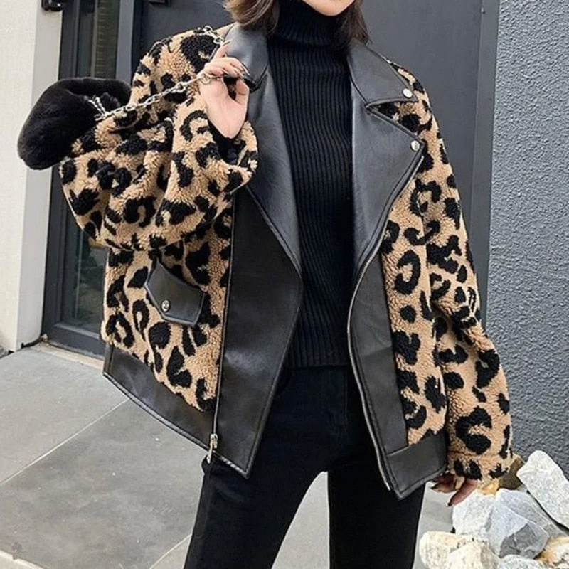 Women Leopard Teddy Fur Jackets Faux Fur Outerwear Female Overcoat Leather Jacket Winter Long Coat Womens Fashion Vintage Suit