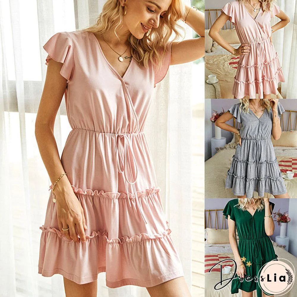 V-Neck Ruffle Short Sleeve Short Dress