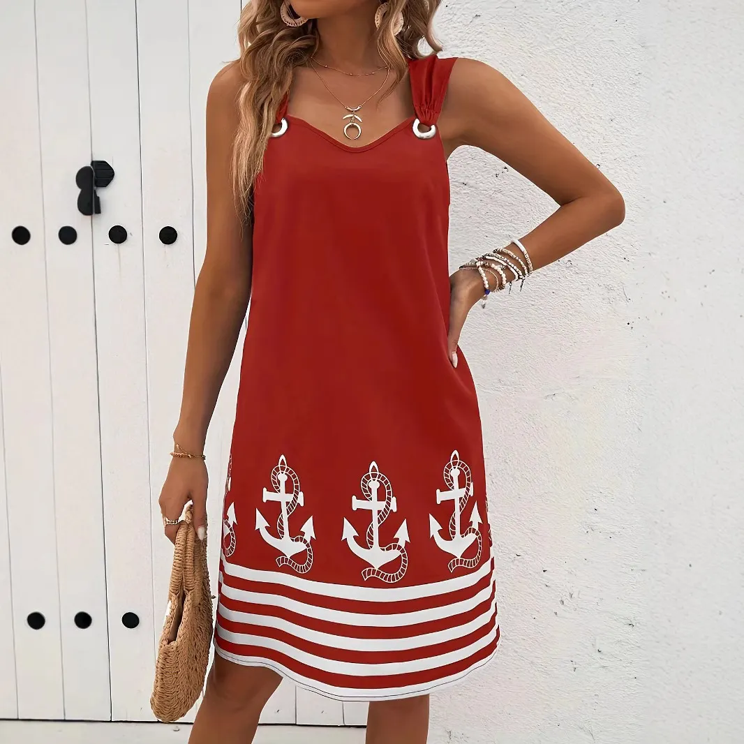 Nautical Anchor Print Ring Detail Strap Sleeveless Casual Swing Mini Dress