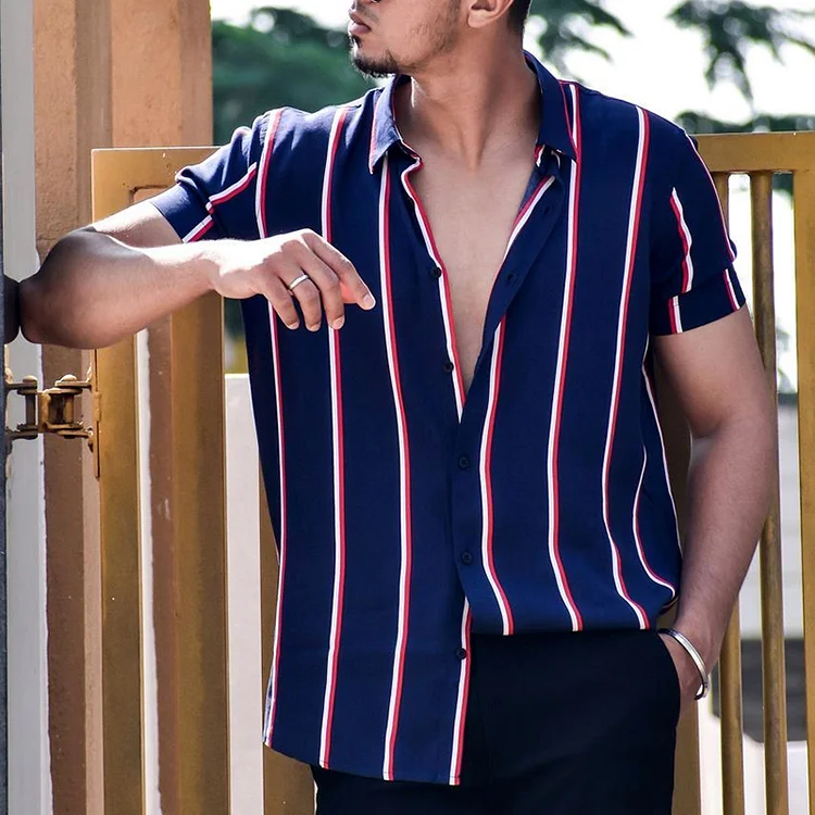 BrosWear Men'S Simple Geometric Stripes Short Sleeves Shirt
