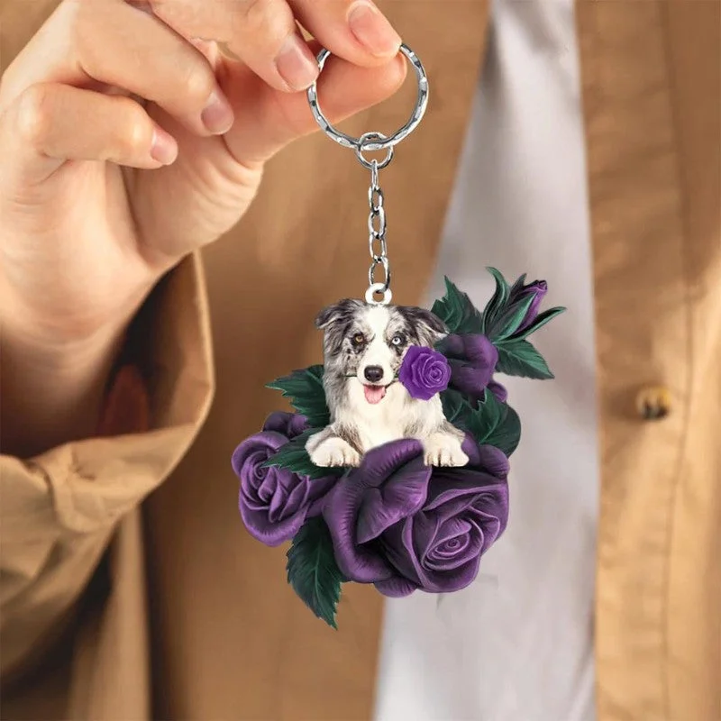 VigorDaily Border Collie In Purple Rose Acrylic Keychain PR078
