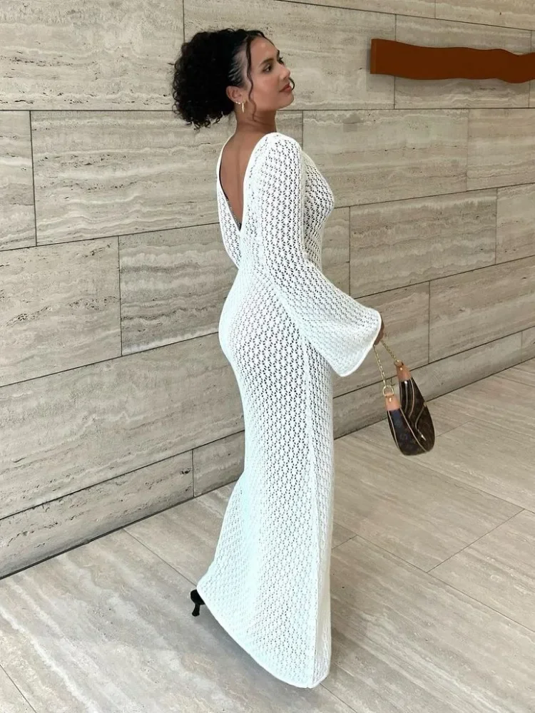 White Knit Fashion Cover up Maxi Dress See-Through V-Neck Hollow Out Beach Holiday Dress Knitwear Backless Dress