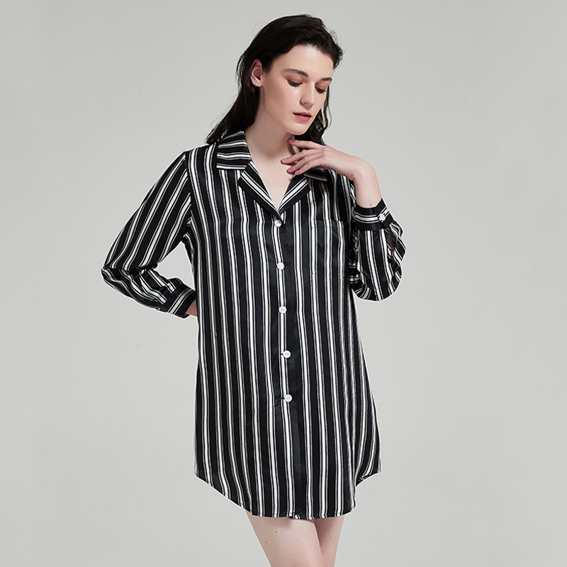 Zebra Stripes Loose Silk Short Nightgown With Long Sleeves Silk Nightgowns Women's Clothing