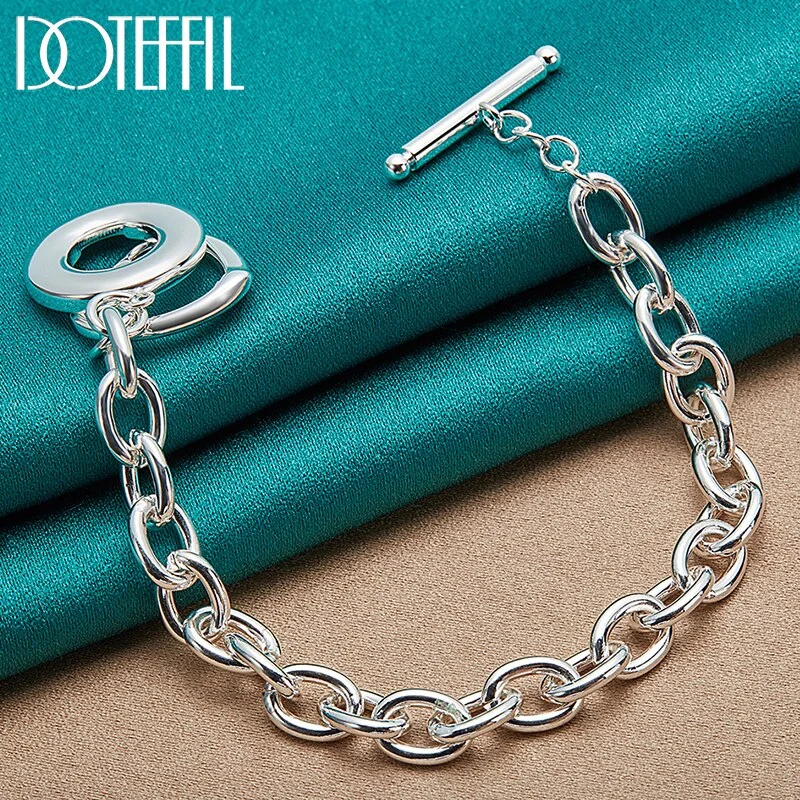 925 Sterling Silver Heart Pendant Bracelet Chain OT Buckle For Woman Man Jewelry