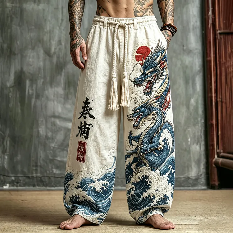 Men's Japanese Art Retro Dragon Wave Letter Cotton Linen Trousers