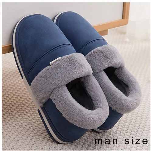 Winter Slippers Men Waterproof PU Leather Slippers Platform Velvet Fur Slippers Warm Home Slippers for Men Soft Comfy Shoes Male
