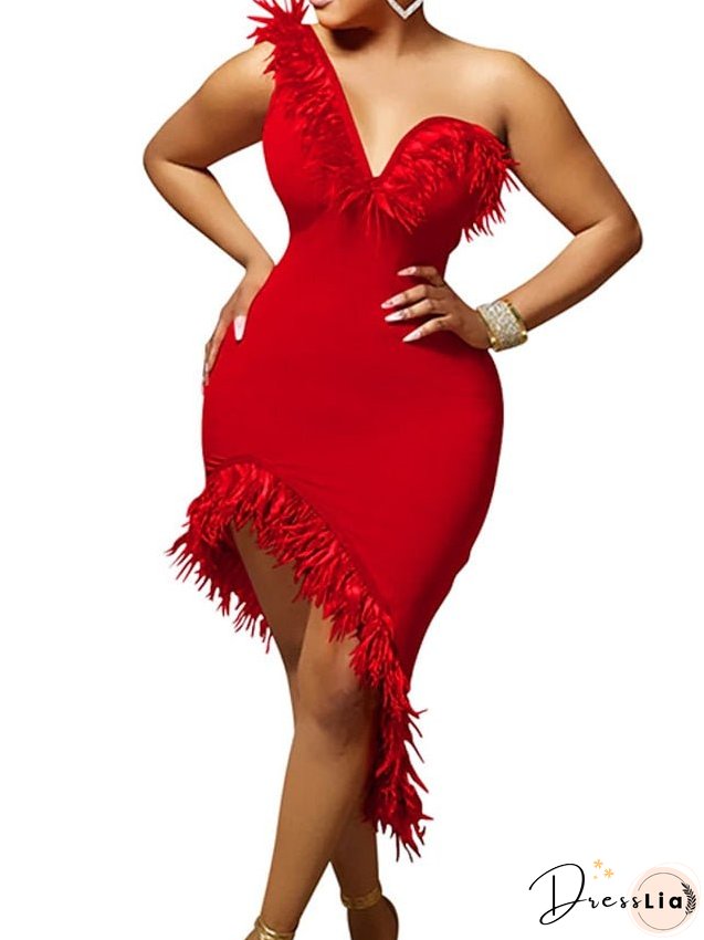 Semi Formal Party Dress Feather Dress Bodycon Midi Dress Black Blue Orange Sleeveless Pure Color Backless Winter Fall One Shoulder Slim S M L XL 2XL for Women