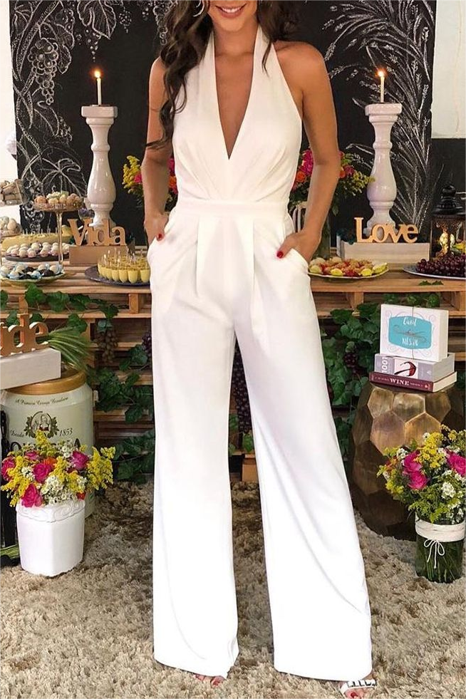 Oknass Chic White Halter Sleeveless High Waist Wid-Leg Long Jumpsuit with Pleated