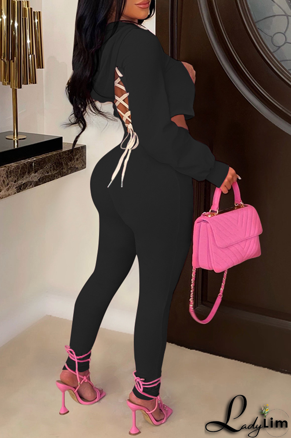 Black Casual Solid Draw String O Neck Long Sleeve Two Pieces